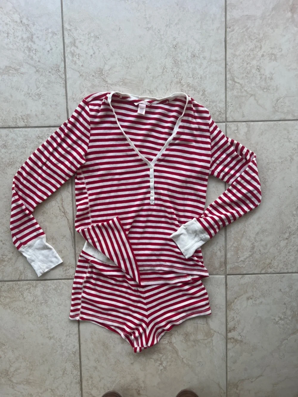 Victoria's Secret Red & White Striped Henley Pajama Set - Picture 3 of 10